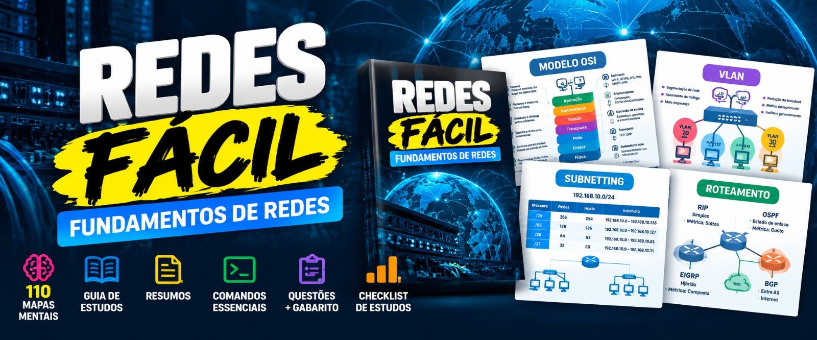 Capa do Redes Fácil com mapas mentais e materiais de estudo
